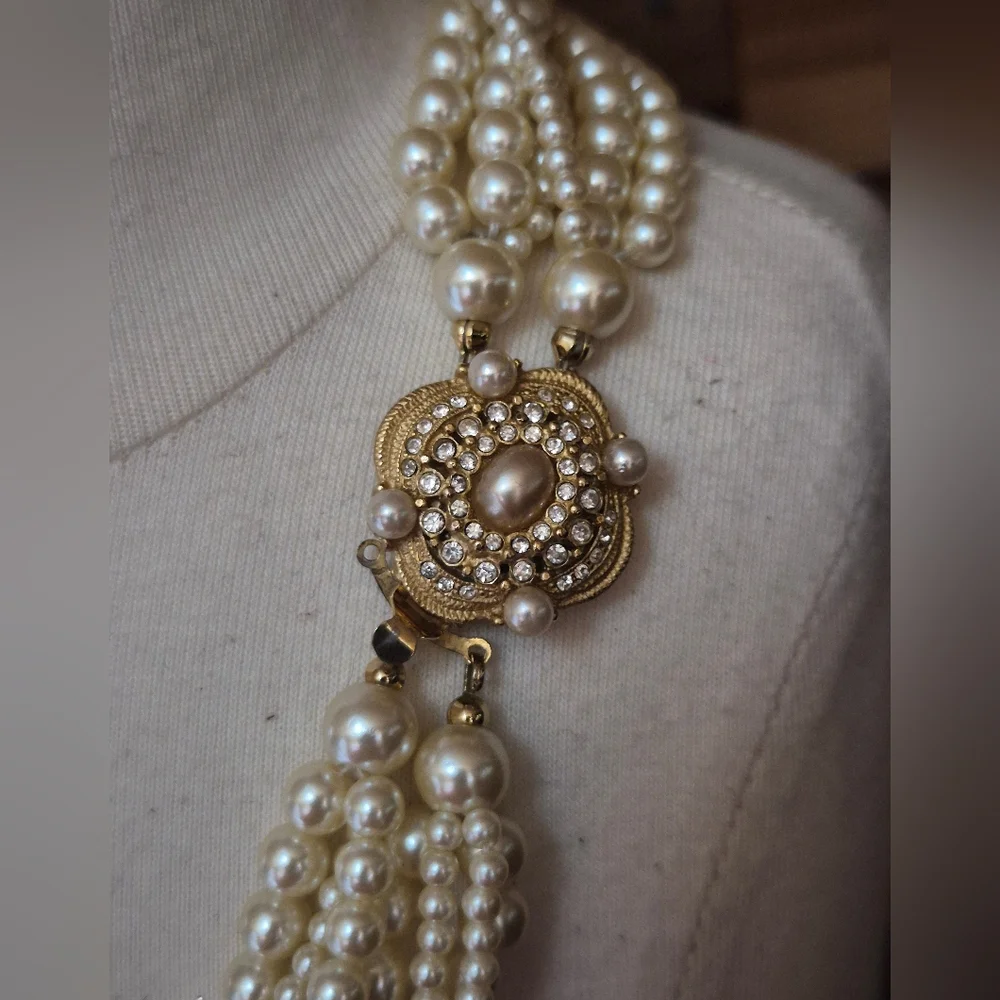 Carolee Multi-Strand Pearl Necklace with Gold Floral Clasp - Picture 5 of 6